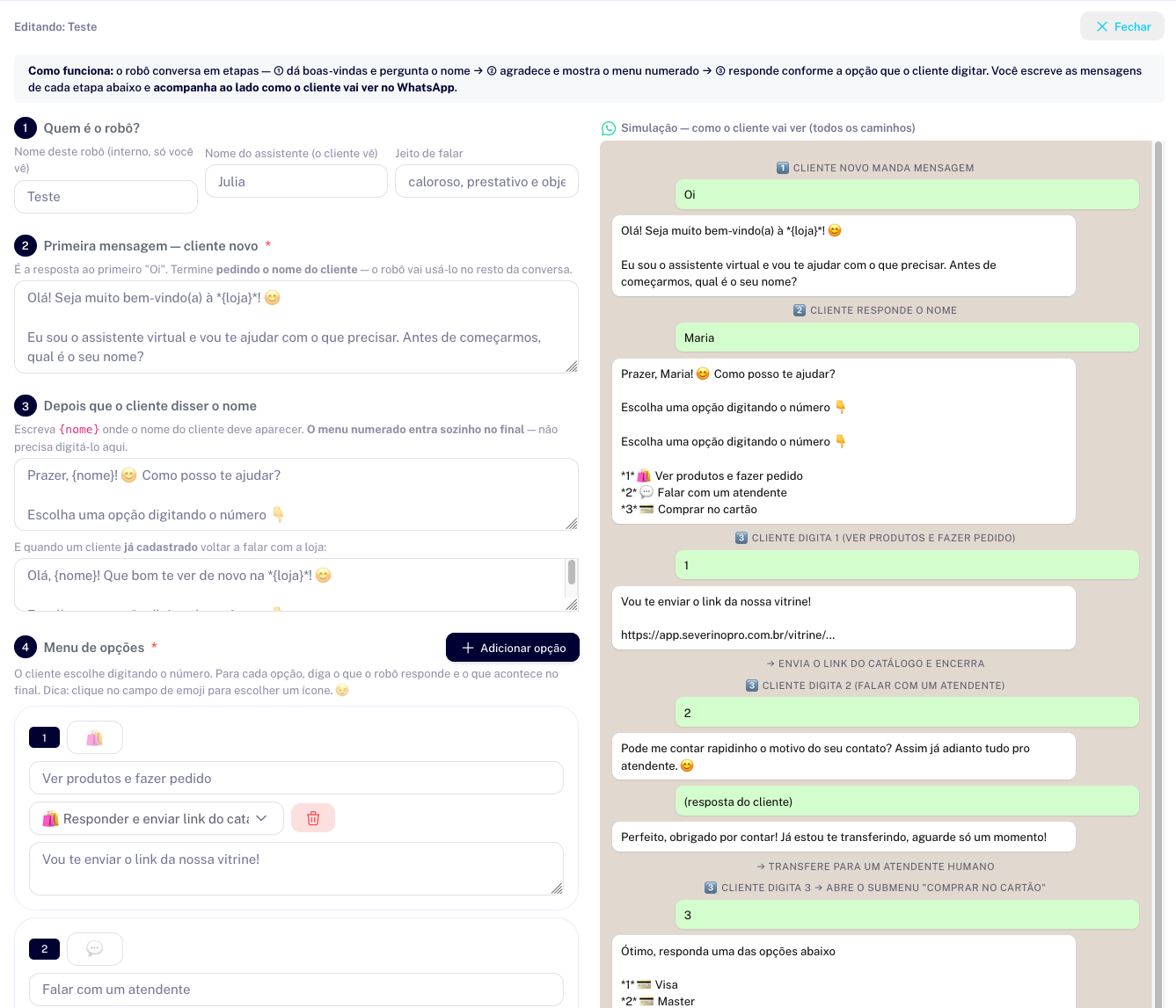 Como configurar o robô de atendimento com IA no SeverinoPRO